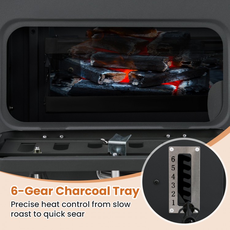 6-level charcoal tray of the 24-inch barrel grill for precise heat control, ideal for roasting and searing food.