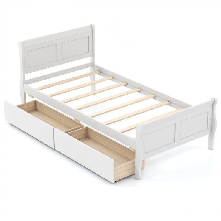 Twin size sleigh bed frame in white with two storage drawers, featuring a sturdy wooden design and elegant headboard.