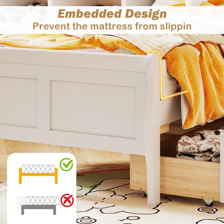 Twin size sleigh bed frame in white with embedded design to prevent mattress slipping and two storage drawers.