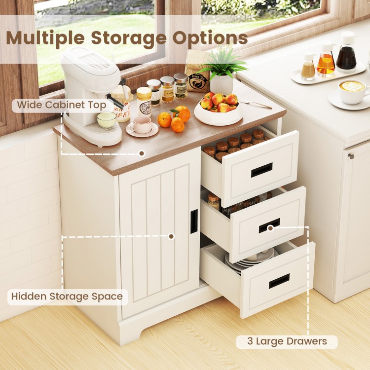 Farmhouse sideboard buffet cabinet in white with sliding doors, featuring a wide top and three large drawers for.