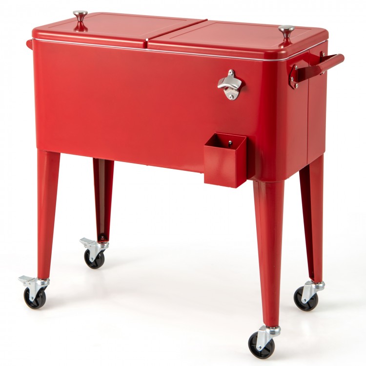 Red portable outdoor patio cooler cart with a bright finish, featuring dual top lids and a built-in bottle opener for.