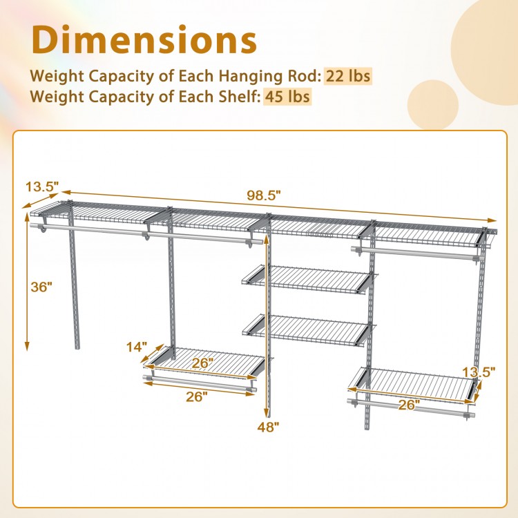 Dimensions of the 4-8 feet closet organizer with 7 shelves and 5 hanging rods, designed for laundry and bedroom use.