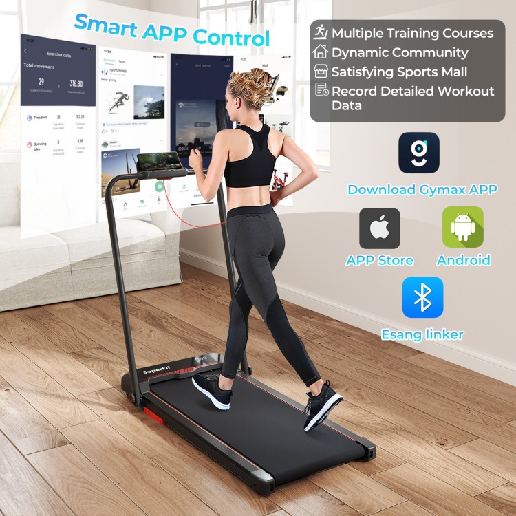 Folding treadmill with LED display and remote control, ideal for home fitness and relaxation in a compact design.