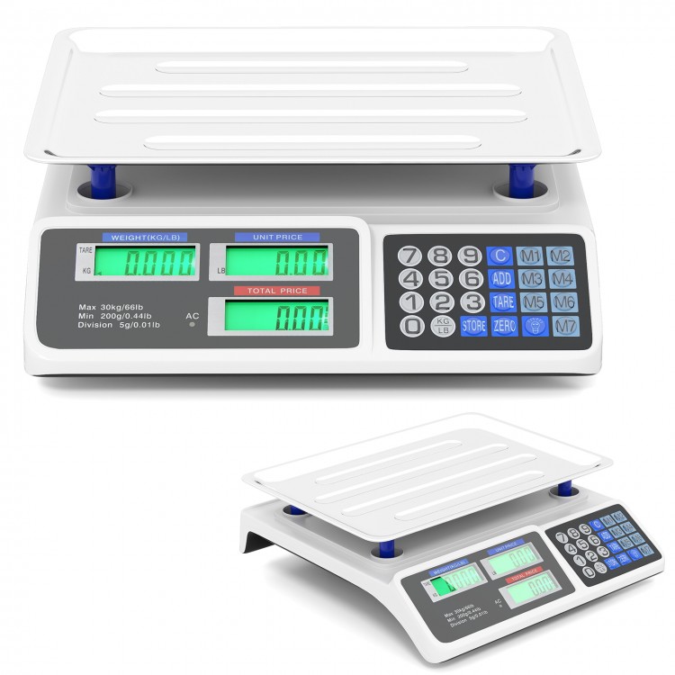 Commercial food scale with dual LCD displays, 66 lb capacity, stainless steel platform, ideal for farmers markets and.