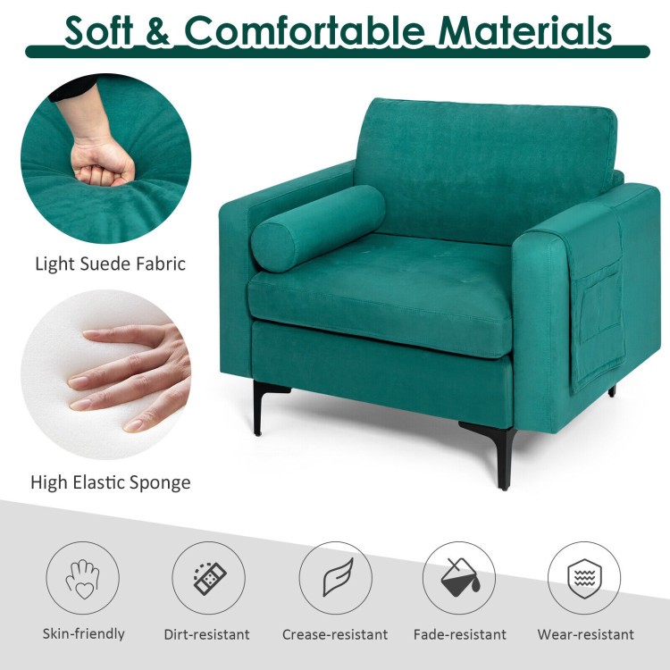 Modern accent chair in teal suede fabric with armrest storage pockets, designed for comfort and style in any room.