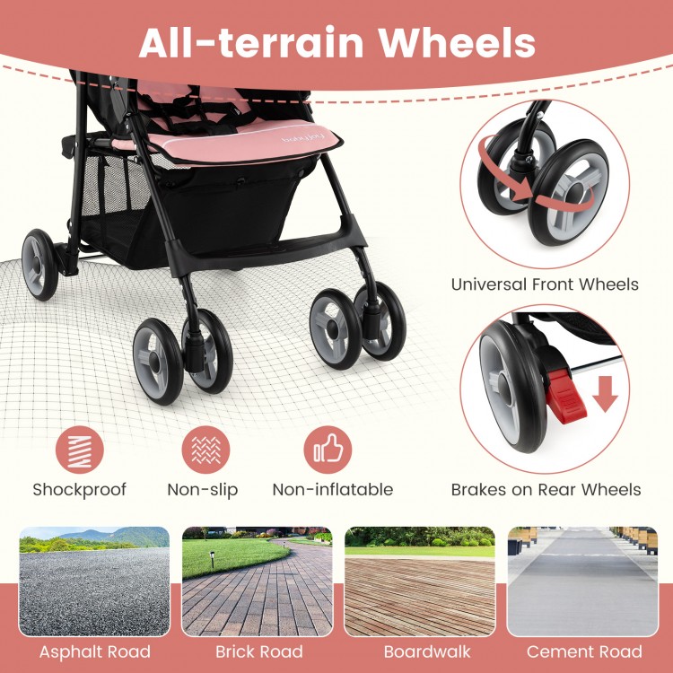 All-terrain wheels of the pink toddler travel stroller featuring shockproof, non-slip design for stability on various.