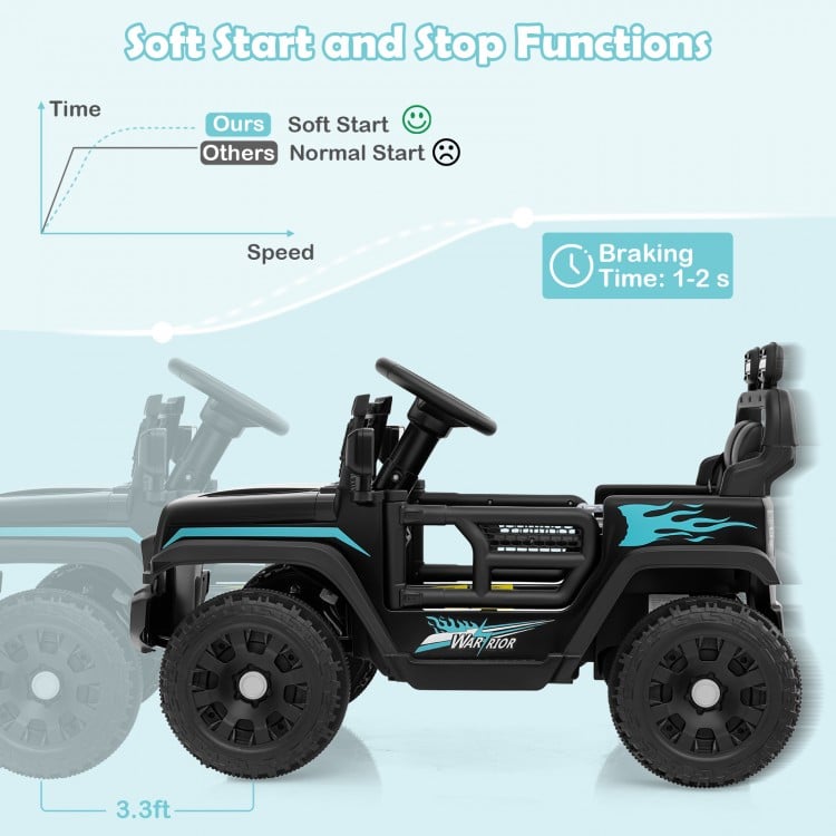 Black 12V kids ride-on truck with soft start functions, parent remote control, and spring suspension for smooth rides.