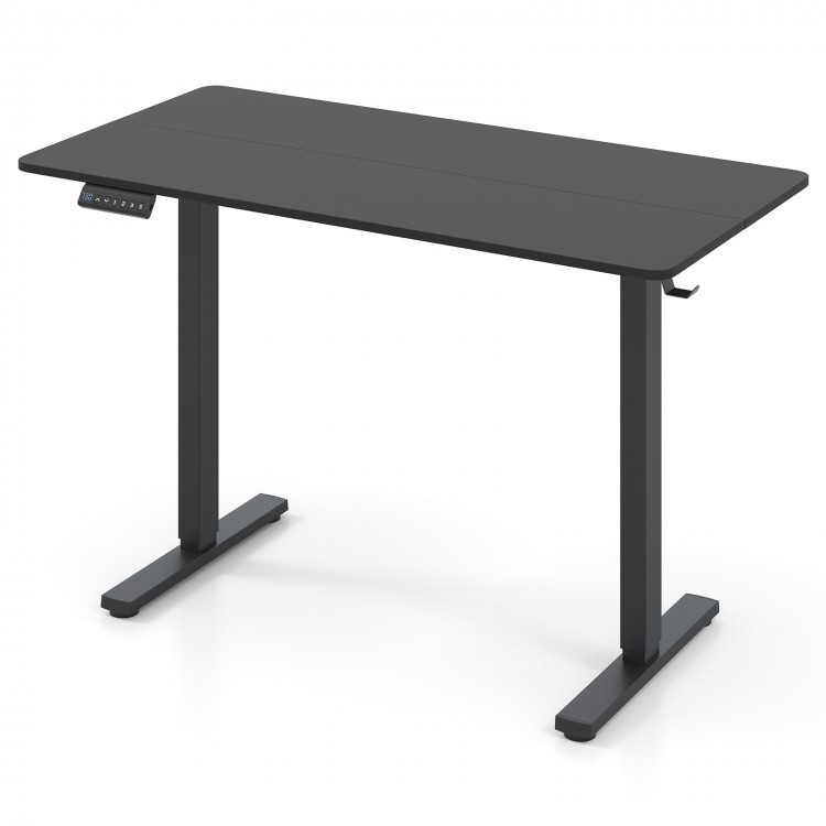 Ergonomic electric standing desk in black, 48" x 24", with adjustable height and 3 memory settings for home office use.