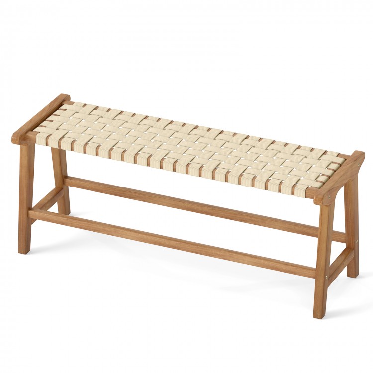 Teak wood patio bench with weave seat, 47 inches long, suitable for 3 people, ideal for outdoor spaces.