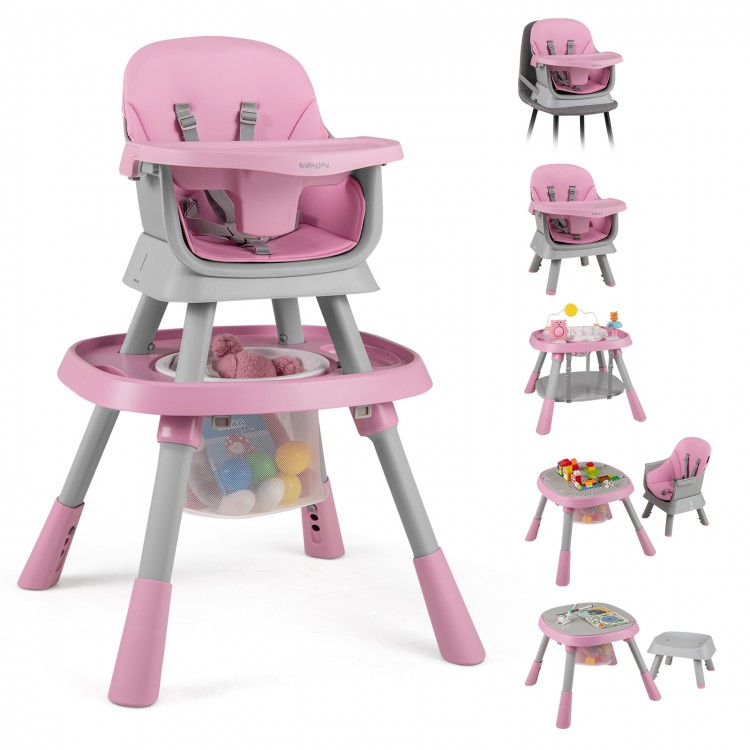 16-in-1 pink baby high chair with activity center, adjustable height, and toy storage basket for versatile use.