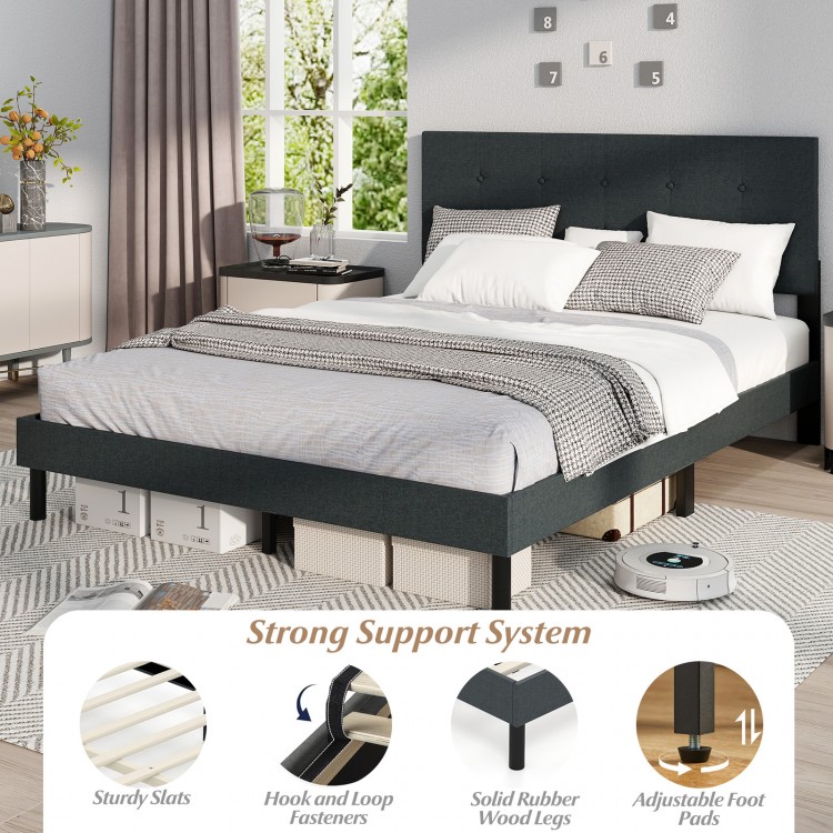 Queen size upholstered bed frame in dark gray with tufted headboard, sturdy slats, and adjustable foot pads for.