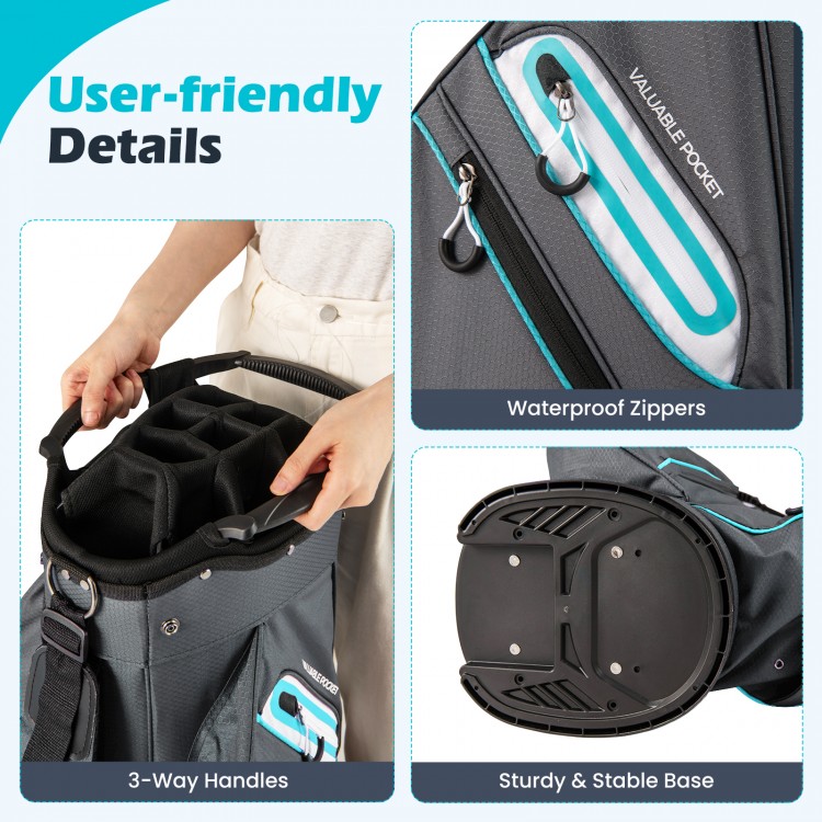 Lightweight gray golf cart bag with 14-way dividers, waterproof zippers, and sturdy base for easy club organization.