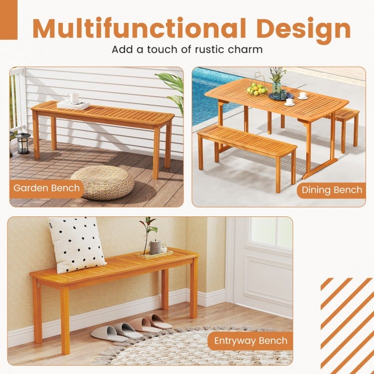 Acacia wood outdoor bench set with slatted seat, perfect for garden, dining, or entryway use.