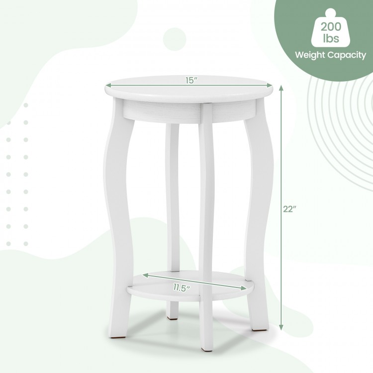 White 15-inch round end table with 2-tier design, rubber wood legs, and storage shelf for living room or bedroom use.