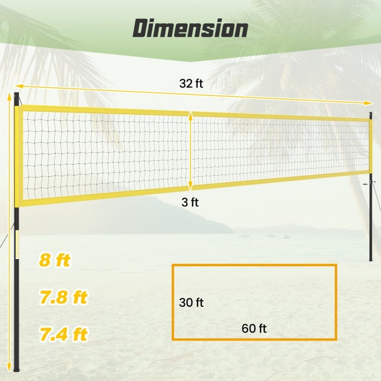 Portable outdoor volleyball net dimensions showing height options of 8 ft, 7.8 ft, and 7.4 ft for adjustable play.