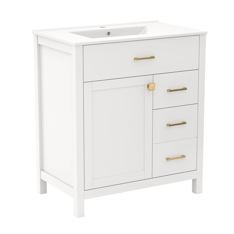 Single bathroom vanity with two drawers and one door, featuring a sleek white finish and gold hardware for stylish.