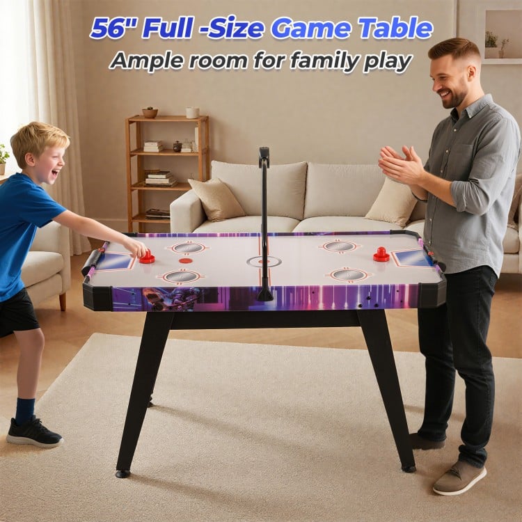 56" air hockey table with LED scoreboard, featuring a sturdy design and ample space for family play and fun.