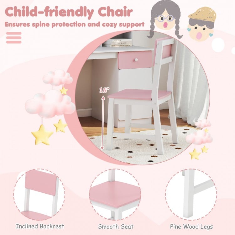 Child-friendly chair with inclined backrest and smooth seat, featuring pink finish and solid pine wood legs for.