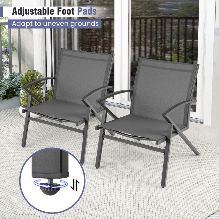 Set of 2 grey patio chairs with heavy-duty metal frame and adjustable foot pads for outdoor comfort and stability.