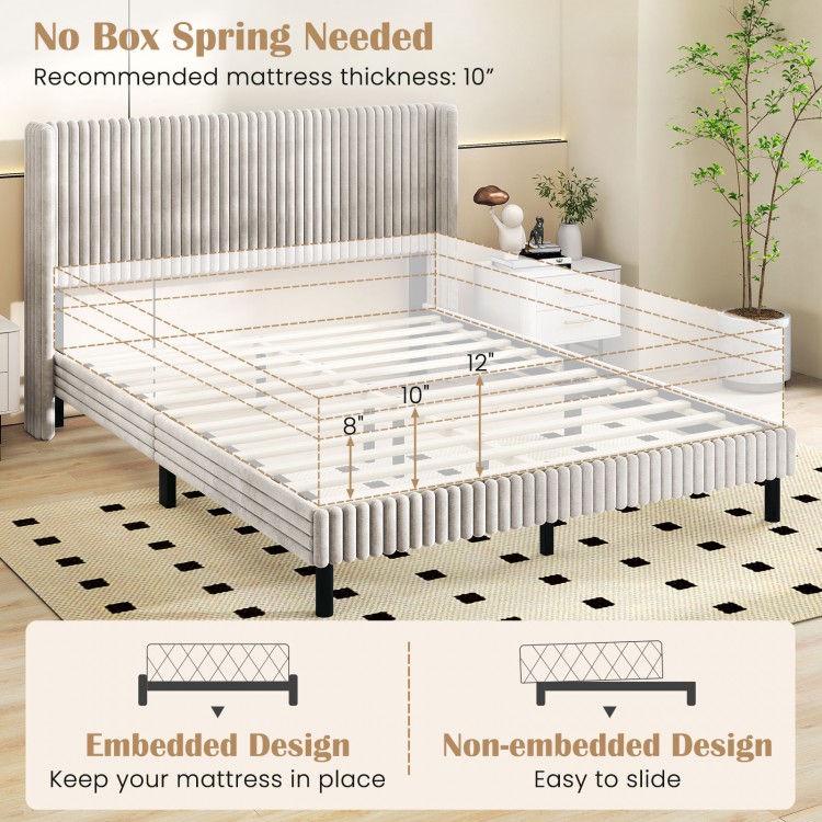 Queen size velvet bed frame with tufted wingback headboard, featuring embedded design and under-bed storage space.