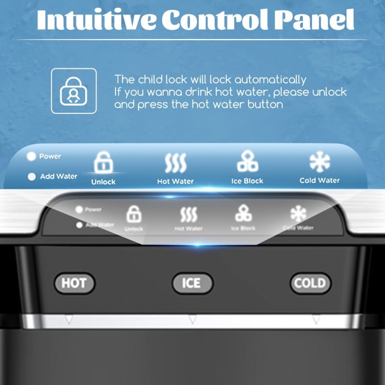 Intuitive control panel of the ice maker with buttons for hot, cold, and ice water settings for easy operation.