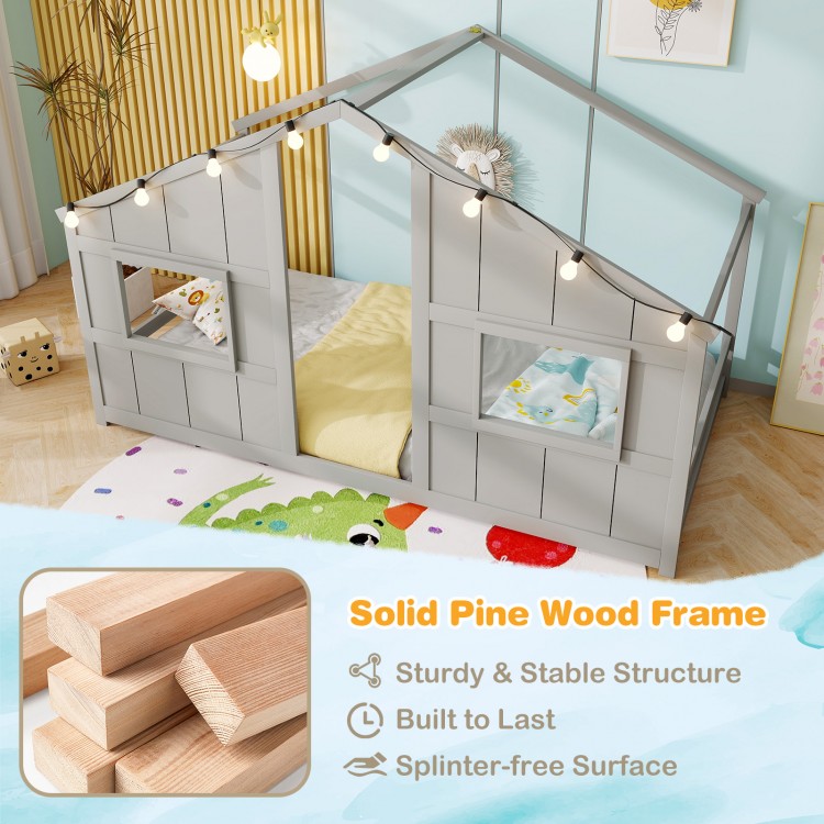 Twin size house bed in grey with LED lights, solid pine wood frame, and open windows for a playful sleep space.