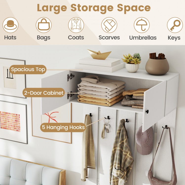 Wall-mounted coat rack in white featuring a spacious top cabinet and 5 sturdy hooks for versatile entryway storage.