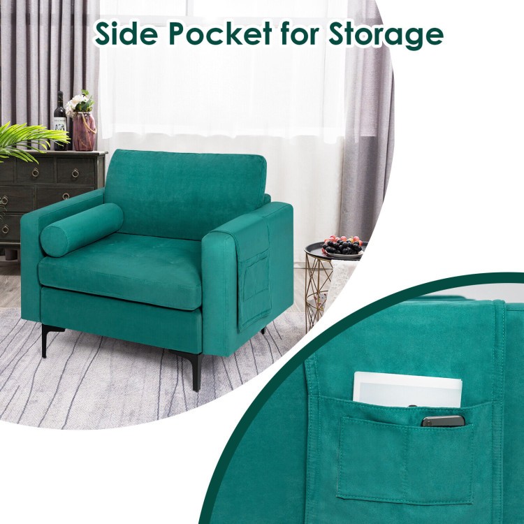 Teal modern accent chair with side pocket for storage, made of suede fabric, perfect for living room or office use.