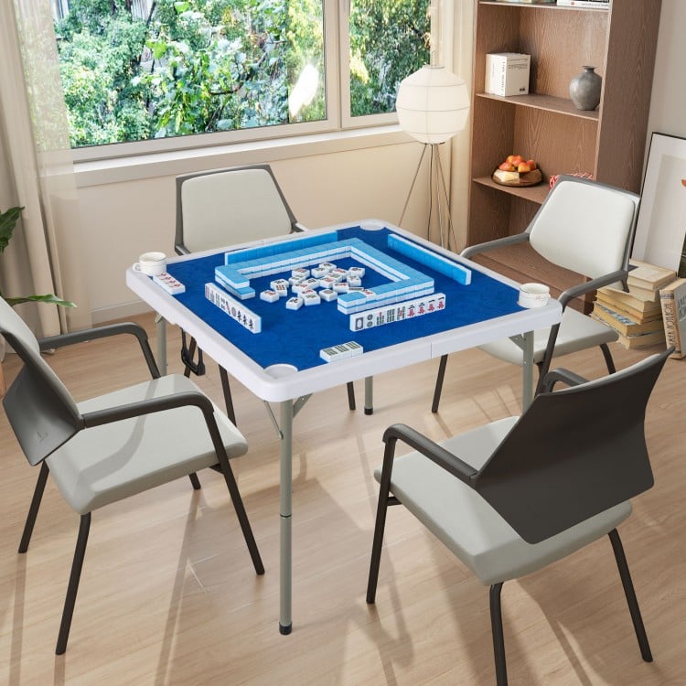 Folding 35-inch mahjong table with cup holders, featuring a smooth felt surface, ideal for four players in any setting.