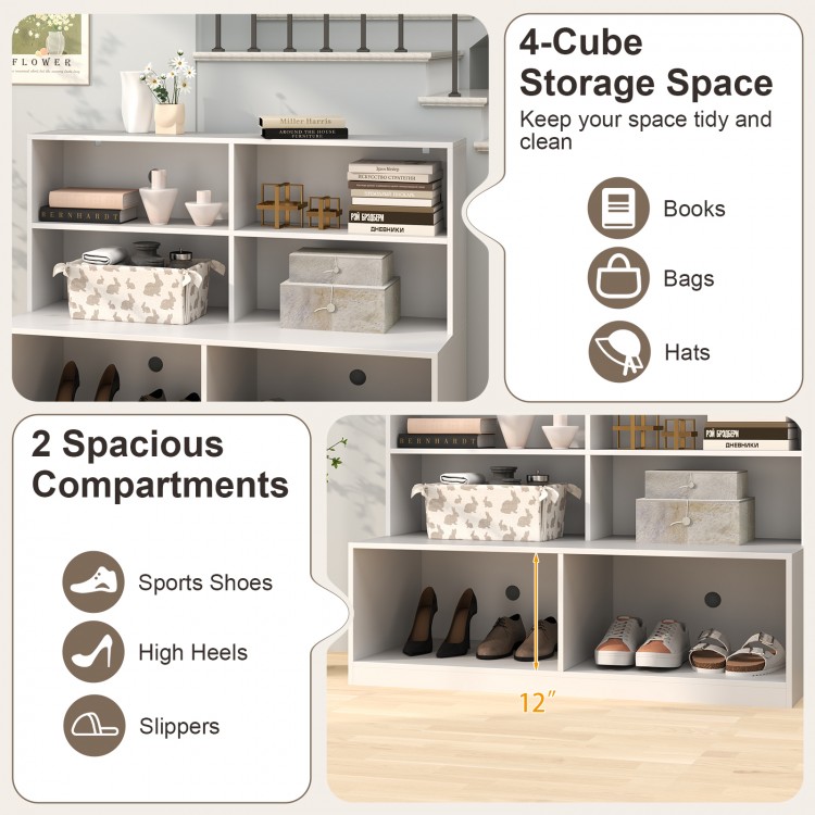 Entryway shoe cabinet in white with 4-cube storage and 2 spacious compartments for shoes, ideal for tidy organization.