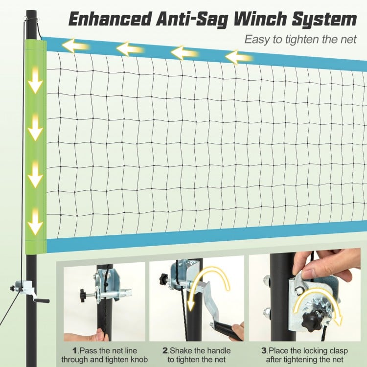 Portable outdoor volleyball net set with enhanced anti-sag winch system for easy tightening and adjustable height.