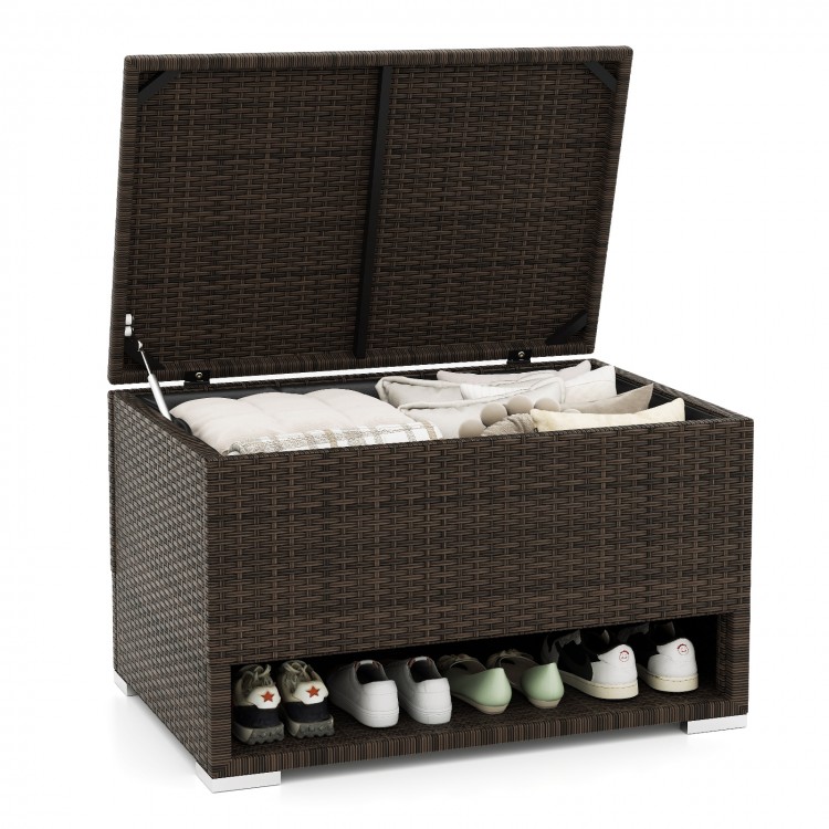 PE rattan storage bin with waterproof liner, featuring a shoe rack and soft close lid, perfect for patio cushion.