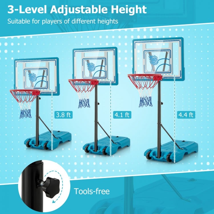 Kids basketball hoop with adjustable height at 3.8 ft, featuring a sturdy rim and built-in wheels for easy movement.