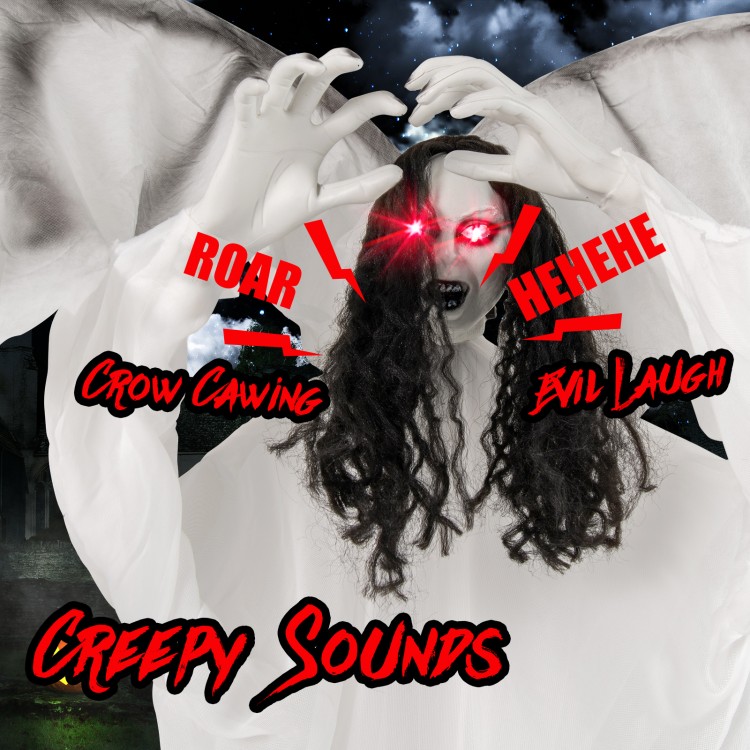 Halloween animatronic angel features sound-activated light-up eyes, spooky face, and bony hands for terrifying indoor.