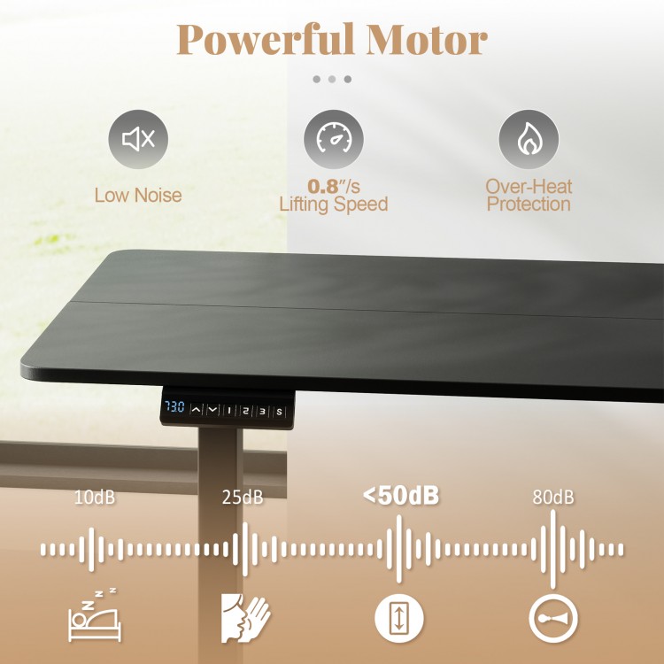 Digital control panel of a black 48" x 24" electric standing desk with memory settings and quiet motor for home office.