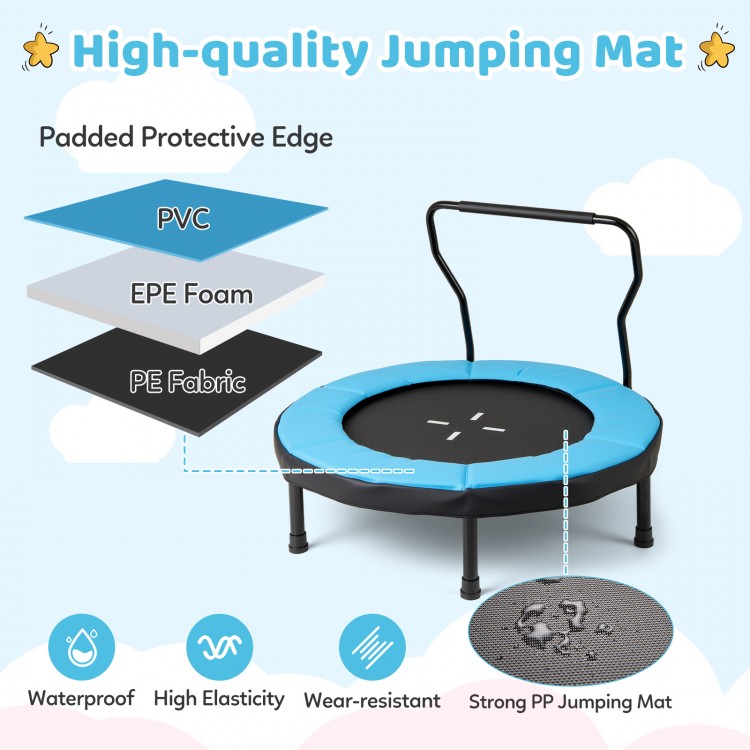 40-inch blue trampoline with padded edge, high-quality jumping mat, and foam handle for kids' indoor and outdoor.