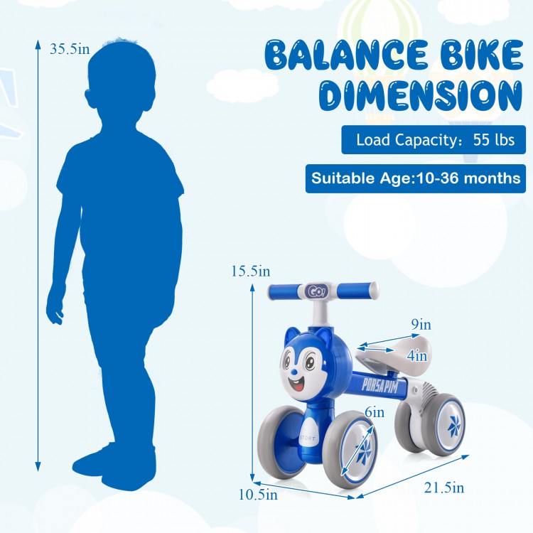 Baby balance bike dimensions with a carbon steel frame, 4 wheels, and suitable for infants aged 10-36 months.