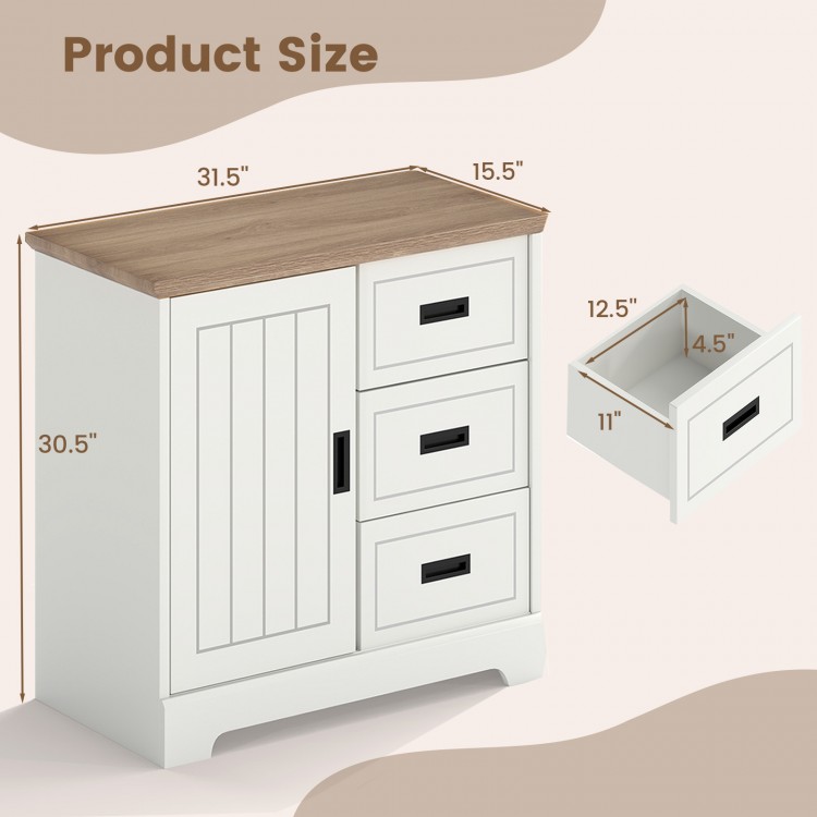 Farmhouse sideboard buffet cabinet with sliding doors, featuring three drawers and a white finish for kitchen.