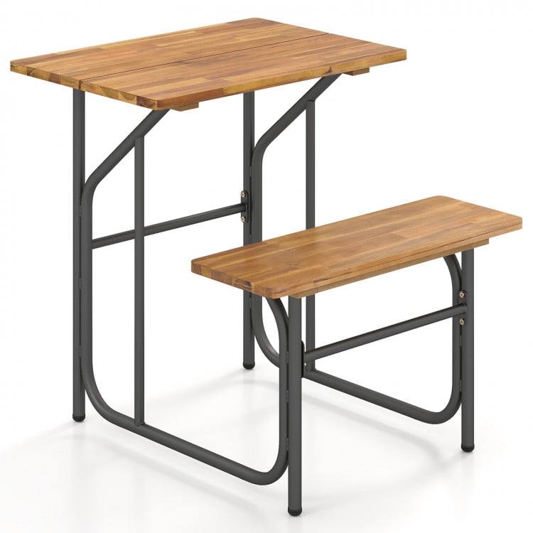 Acacia wood patio table and bench set with a solid top and reinforced metal frame, perfect for outdoor relaxation.