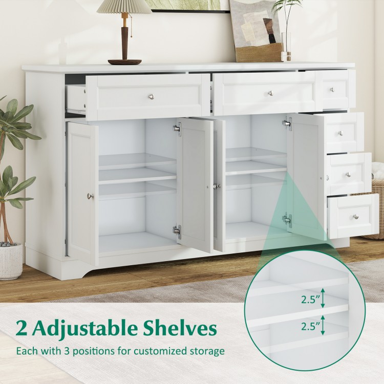 Buffet sideboard with white finish, featuring 2 adjustable shelves and 6 drawers for organized storage in modern decor.