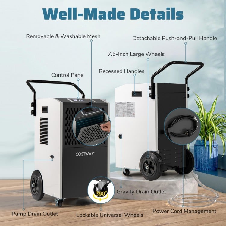Detail view of the 154 Pints Commercial Dehumidifier showcasing removable mesh filter, control panel, and drain outlets.