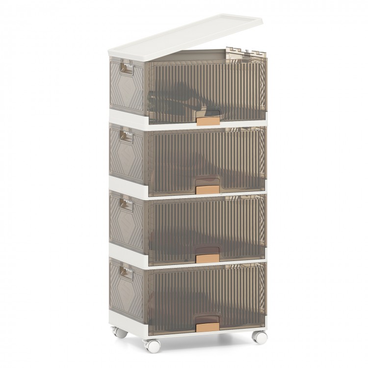 Stackable 4-cube storage bin with detachable wheels, featuring a top and front opening for easy access and mobility.