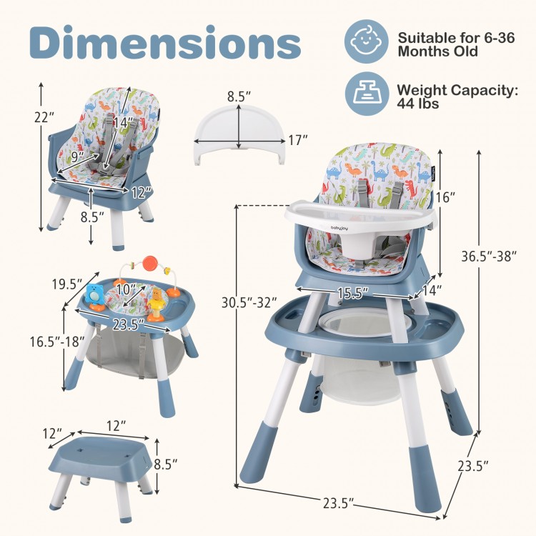 16-in-1 baby high chair in celadon with adjustable height, activity center, and detachable tabletop for versatile use.