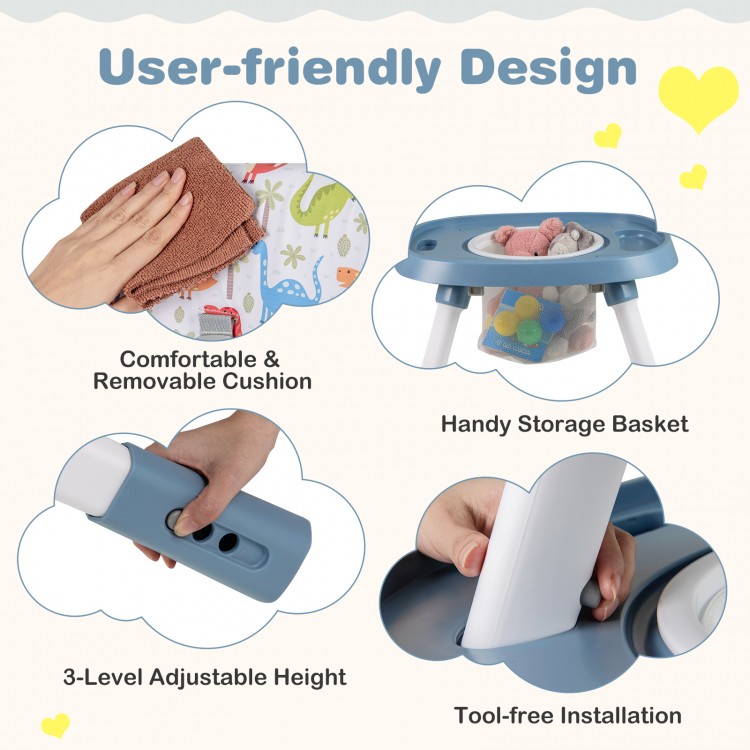 User-friendly design of the 16-in-1 baby high chair featuring adjustable height, removable cushion, and storage basket.