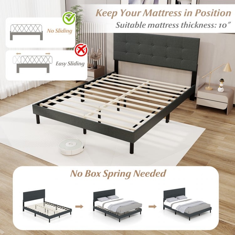 Queen size upholstered bed frame in dark gray with tufted headboard, wooden slats, and no box spring needed.