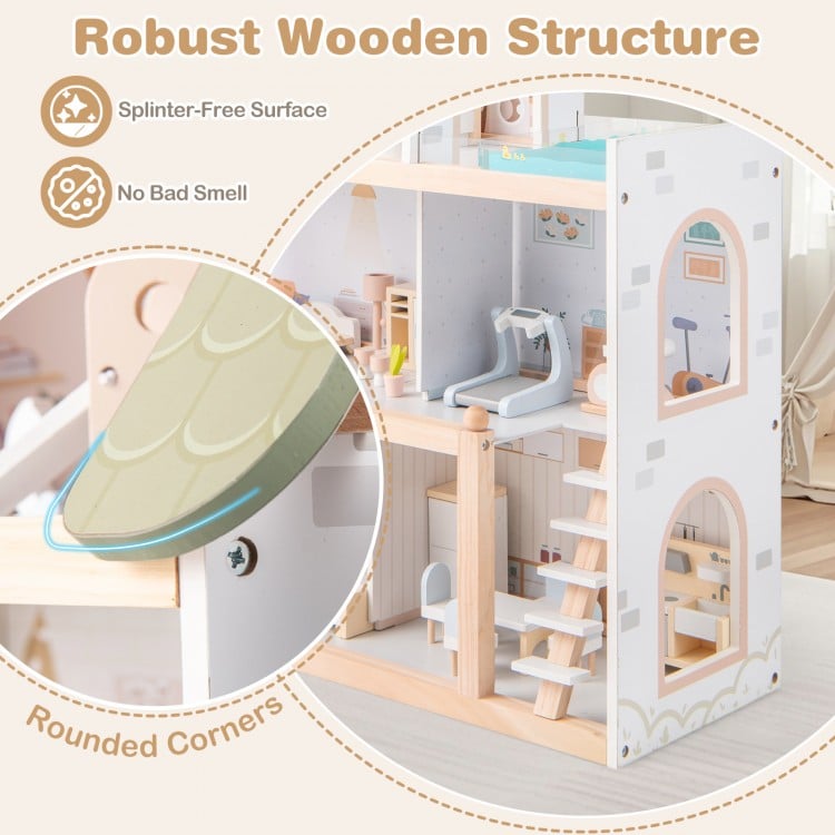 Close-up of the wooden dollhouse showing smooth, splinter-free surfaces and rounded corners for safety and durability.