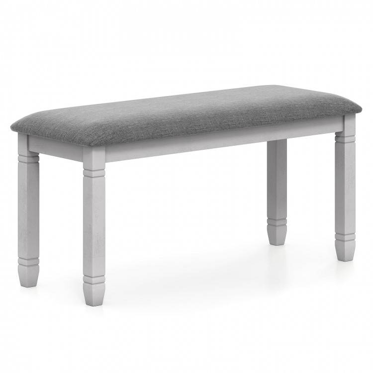 Upholstered bedroom bench with a padded gray seat and solid rubber wood legs, perfect for entryways or living rooms.