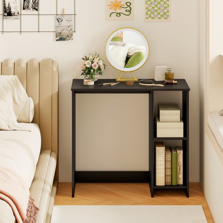Modern black home office desk with two compartments, featuring a sturdy design and space-saving style for versatile use.