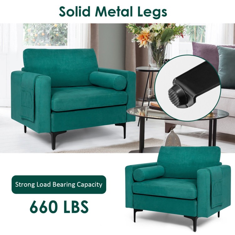 Modern accent chair in teal suede with solid metal legs, featuring armrest storage pockets and a 660 lbs capacity.