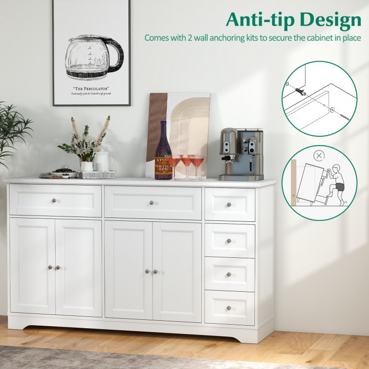 Buffet sideboard in white with spacious countertop, 6 drawers, and 2 cabinets for organized coffee bar storage.